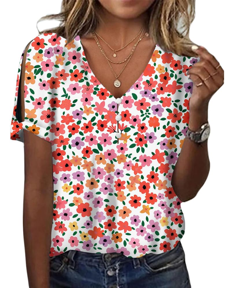 HOTYD Women's Boho Floral Print Ladies Short Sleeve Tops Summer Blouses Dressy Casual V Neck Cold Shoulder Tunic Tops