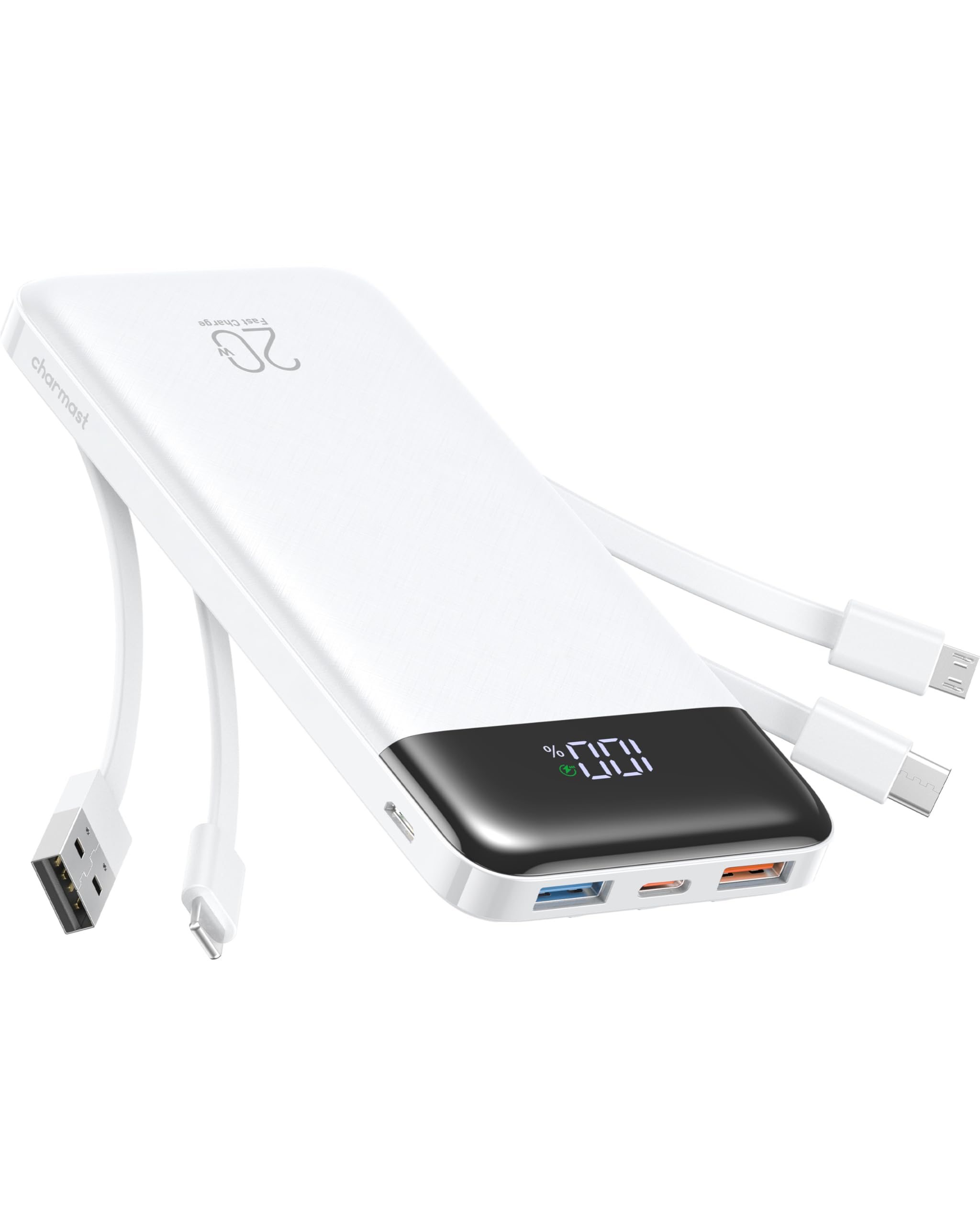 charmast 20000mAh Portable Charger with Built in Cables, 22.5W Travel Power Bank Fast Charging, USB C Cell Phone Battery Pack for iPhone 17/16/15/14/13/12 Series, iPad, Samsung, Android, Tablet