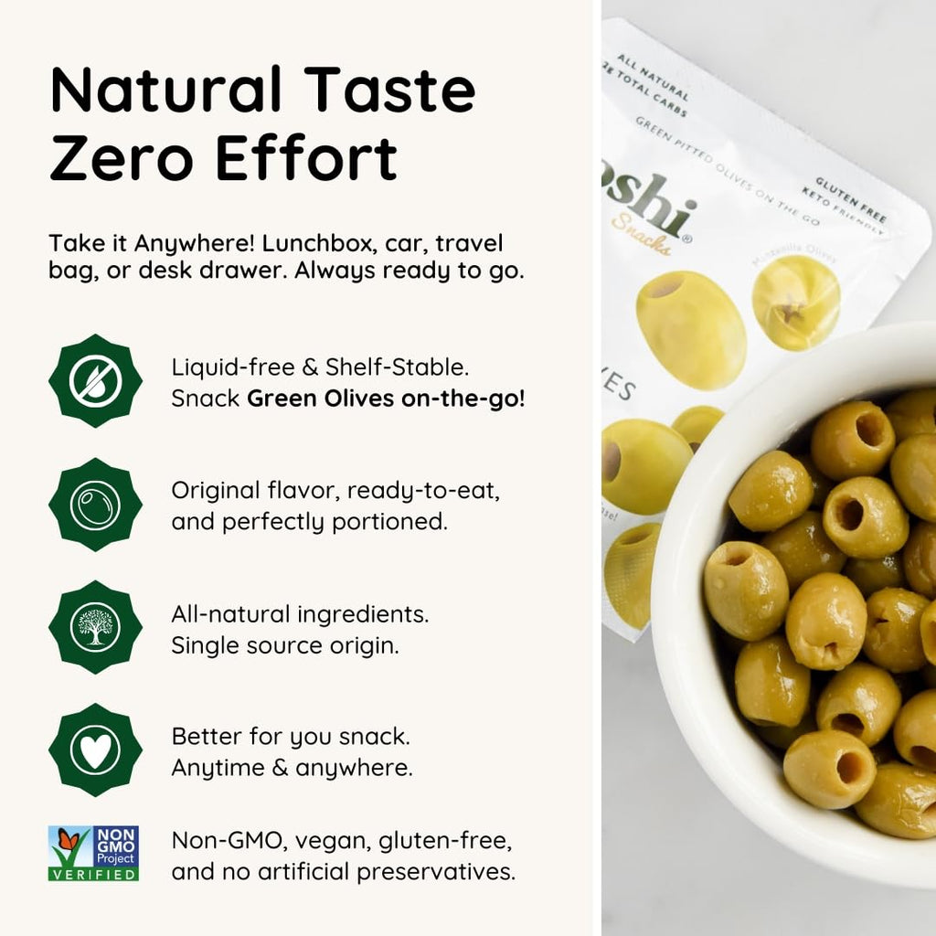 POSHI Green Pitted Olives - Basil & Garlic | Vegan, Kosher, Gluten Free + Keto Friendly, Fresh, Low Calorie Healthy Snacks | (30 Pack, 1.1oz Bags)