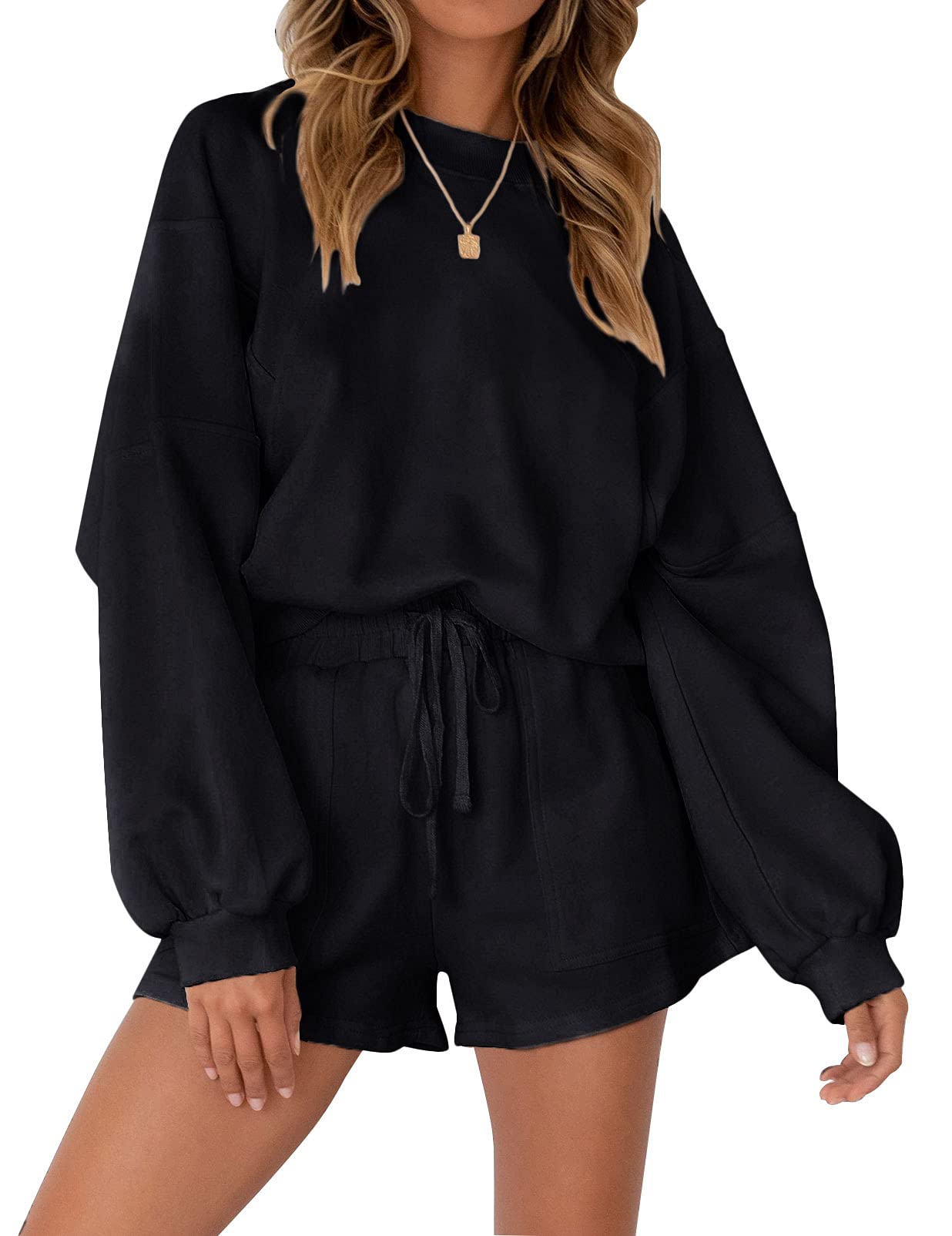MEROKEETY 2026 Spring Lounge Sets for Women Oversized Batwing Sleeve Casual Top and Shorts 2 Piece Outfits Sweat Set