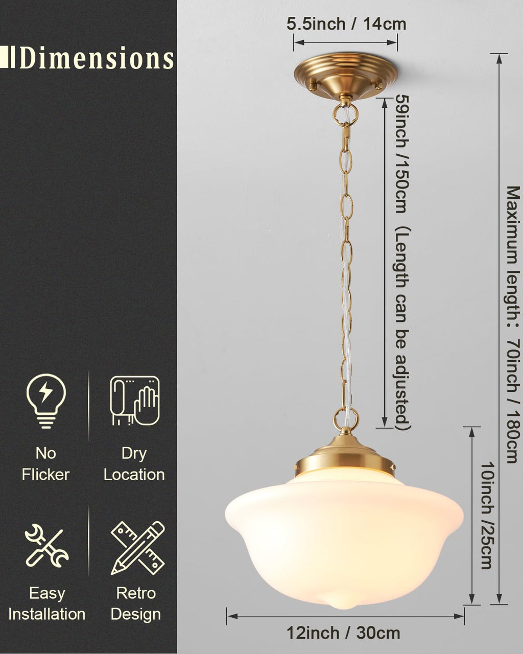 Schoolhouse Light Fixture, 12 Inch Black Finish with Milk Glass Semi Flush Mount Ceiling Light, Ceiling Light Fixture for Kitchen Hallway Entryway (Type C Pendant Light)