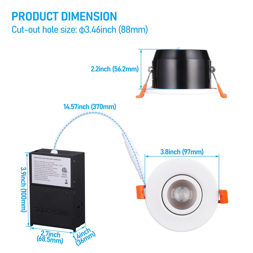 TORCHSTAR 12-Pack 5CCT 3 Inch Gimbal LED Recessed Light, 7W CRI90+ Dimmable Adjustable Eyeball Canless LED Downlight, 2700K/3000K/3500K/4000K/5000K Selectable, Airtight IC, ETL