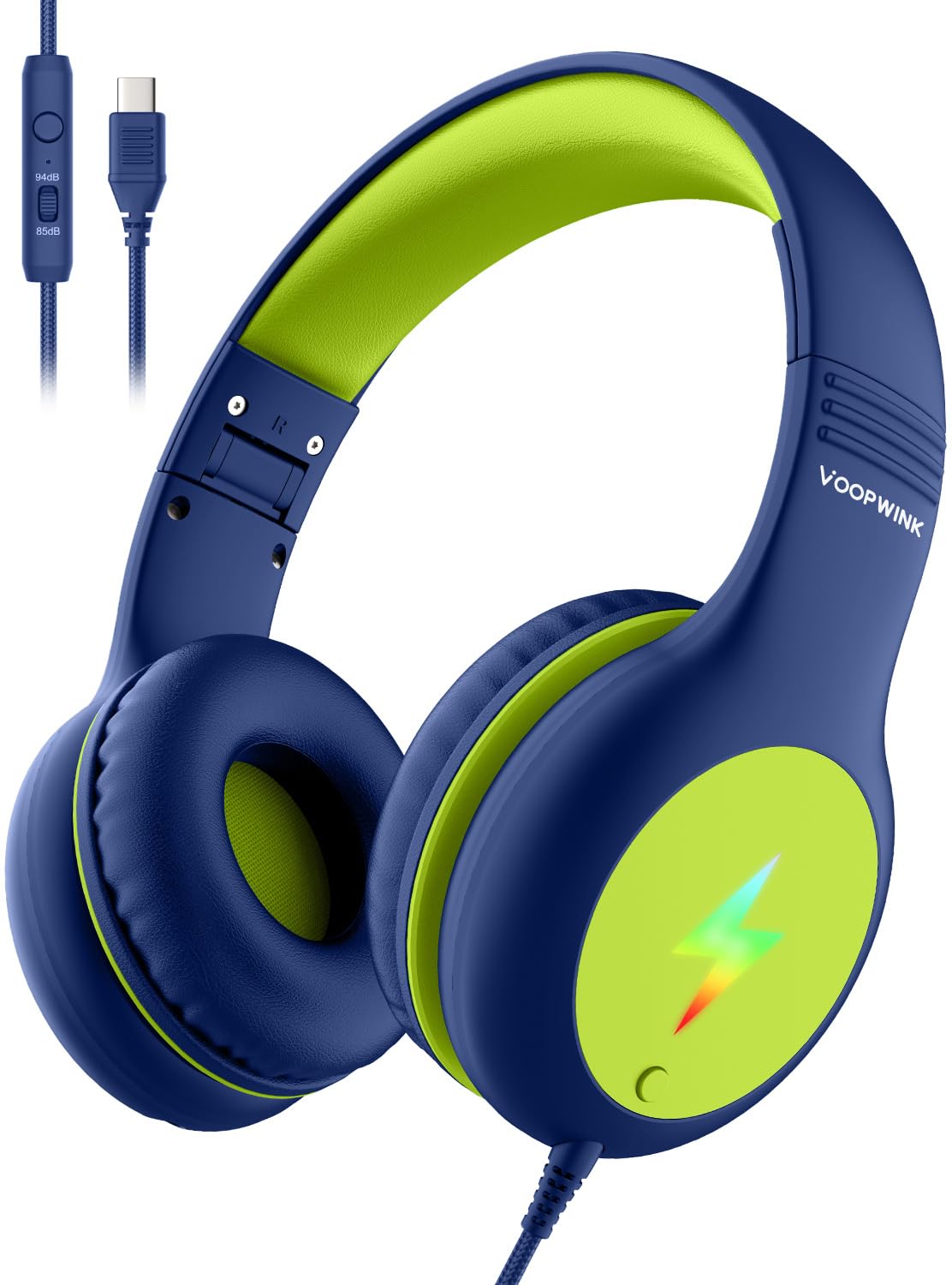 Voopwink Kids Headphones Wired with Microphone, USB Type C Headphones for Kids Girls Boys with Cord/LED Lights/85/94dB Volume Limit, Portable Over Ear Headphones for School/Travel/Tablet/iPad