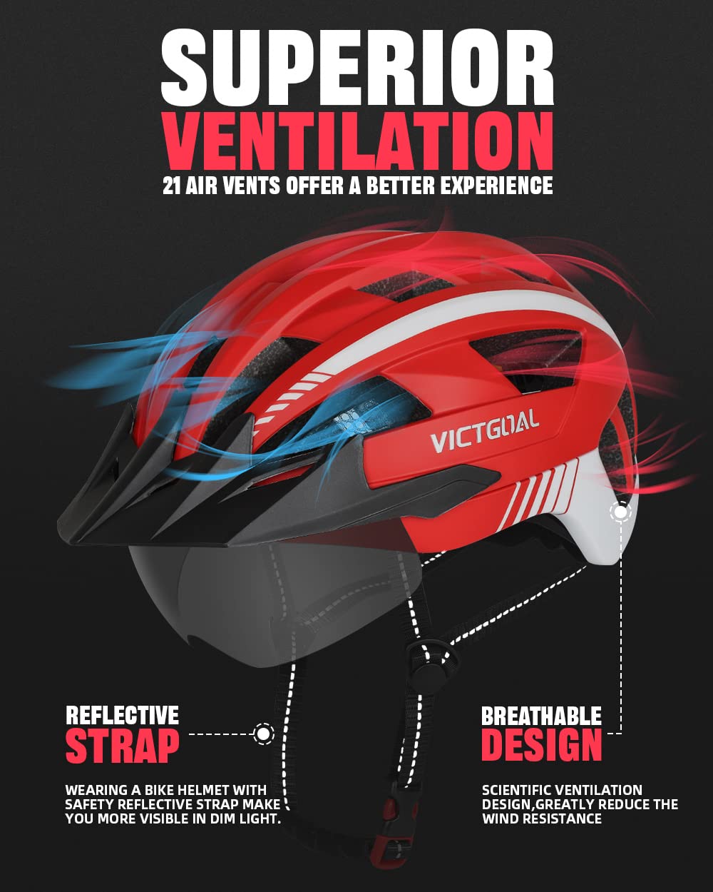 VICTGOAL Bike Helmet with USB Rechargeable Rear Light Detachable Magnetic Goggles Removable Sun Visor Mountain & Road Bicycle Helmets for Men Women Adult Cycling Helmets