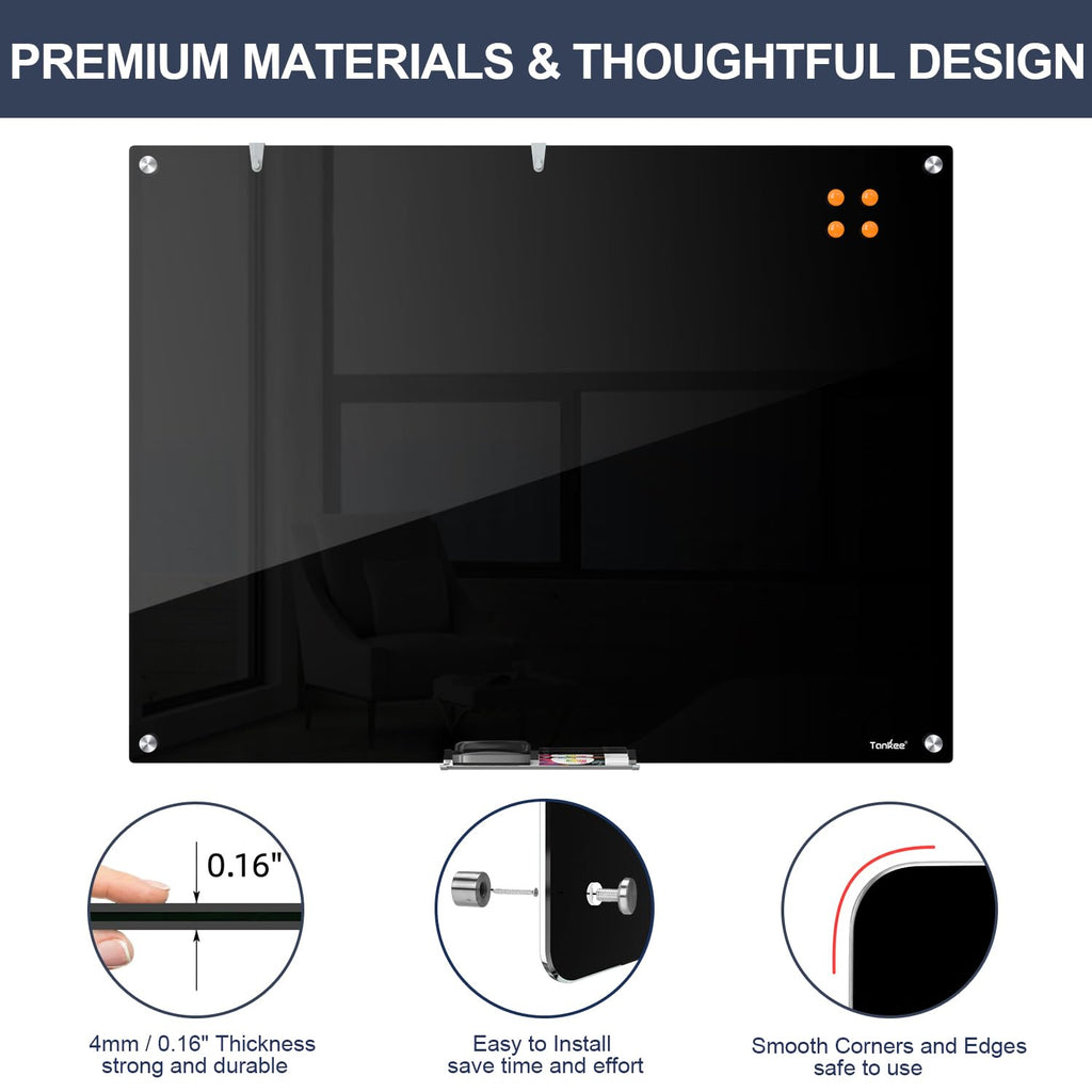 Dry Erase Board Black Magnetic Glass Whiteboard, TANKEE Modern Large Frameless Tempered Glass White Board for Wall, Office, School, Home, 36” x 24”, 3' x 2' White Board