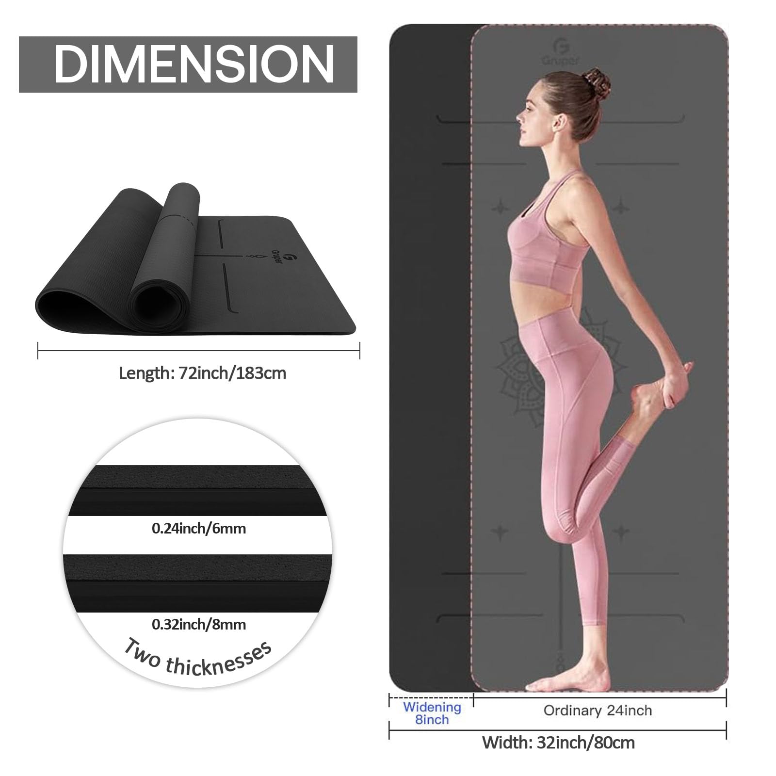 Gruper Yoga Mat Non Slip TPE Extra Wide Yoga Mat with Alignment Mark, 72"L x 32"W x 0.32"/0.24"Th (183cm x 80cm x 8mm/6mm), Anti-Tear Exercise Mat with Carrying Strap and Bag, Workout Mats for Yoga, Pilates
