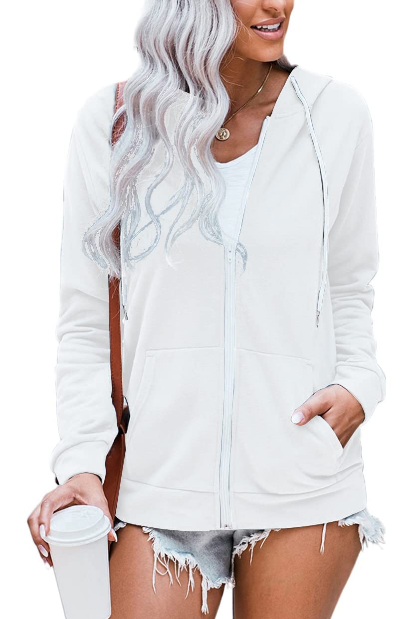WROLEM Women Casual Full Zip Up Hoodie Comfy Loose Long Sleeve Sweatshirt Solid Color Jacket with Pockets
