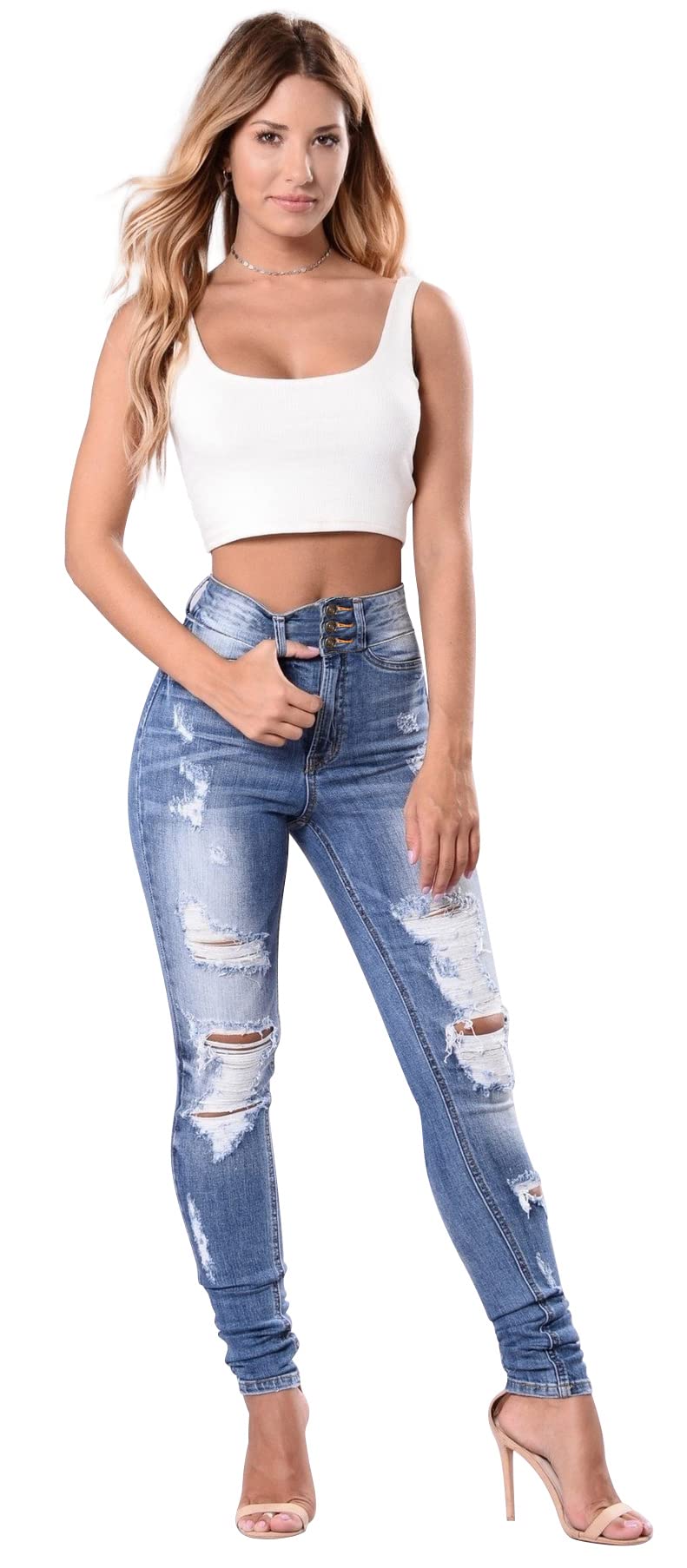 Qazel Vorrlon Women's High Waisted Jeans for Women Ripped Skinny Stretch Distressed Jeans High Rise Butt Lifting Demin Pants