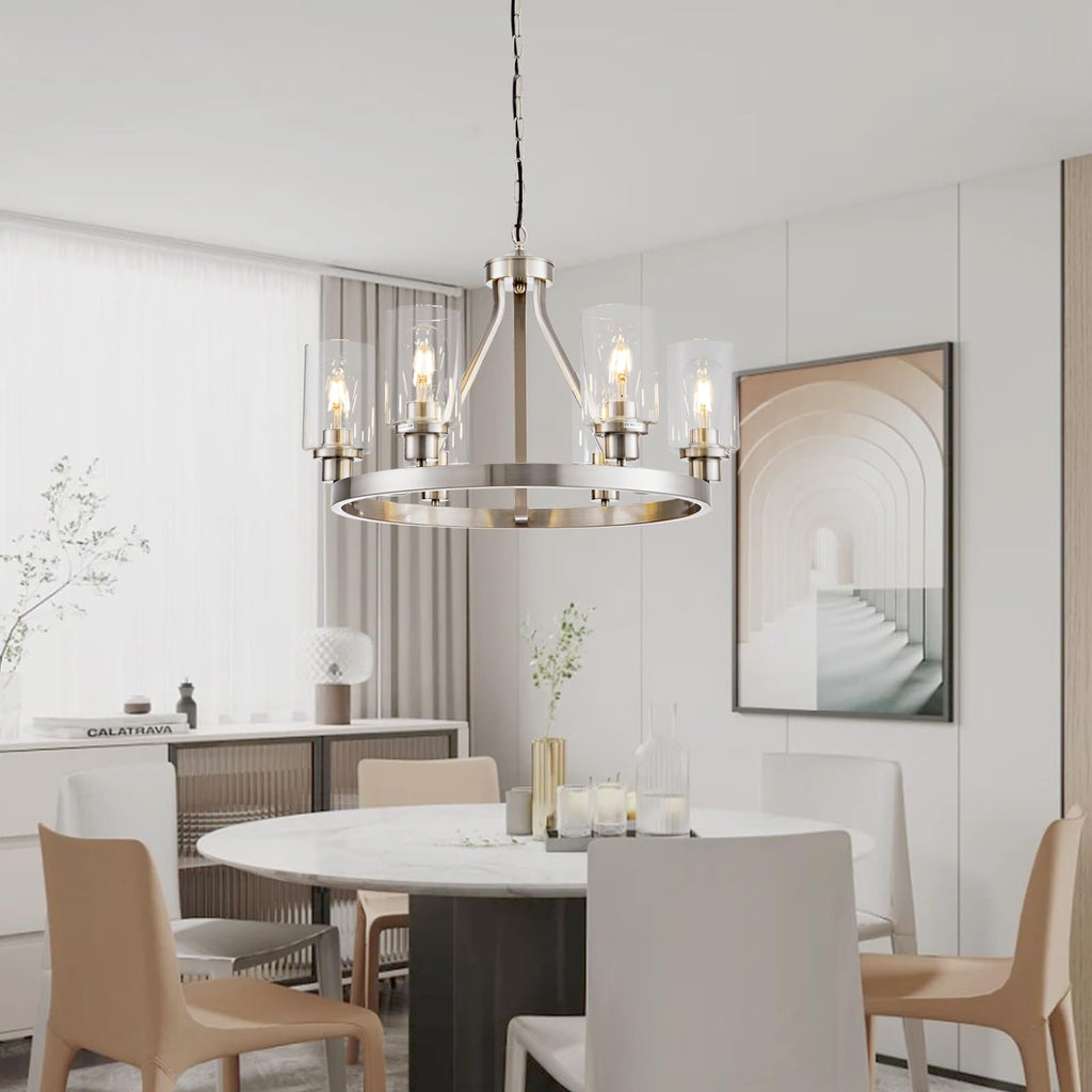 Lanhall 6-Light Modern Dining Room Light Fixture Brushed Nickel Kitchen Chandelier Ceiling Hanging Pendant Lighting with Glass Shade for Living Room Bedroom Entryway Adjustable Height Metal E26
