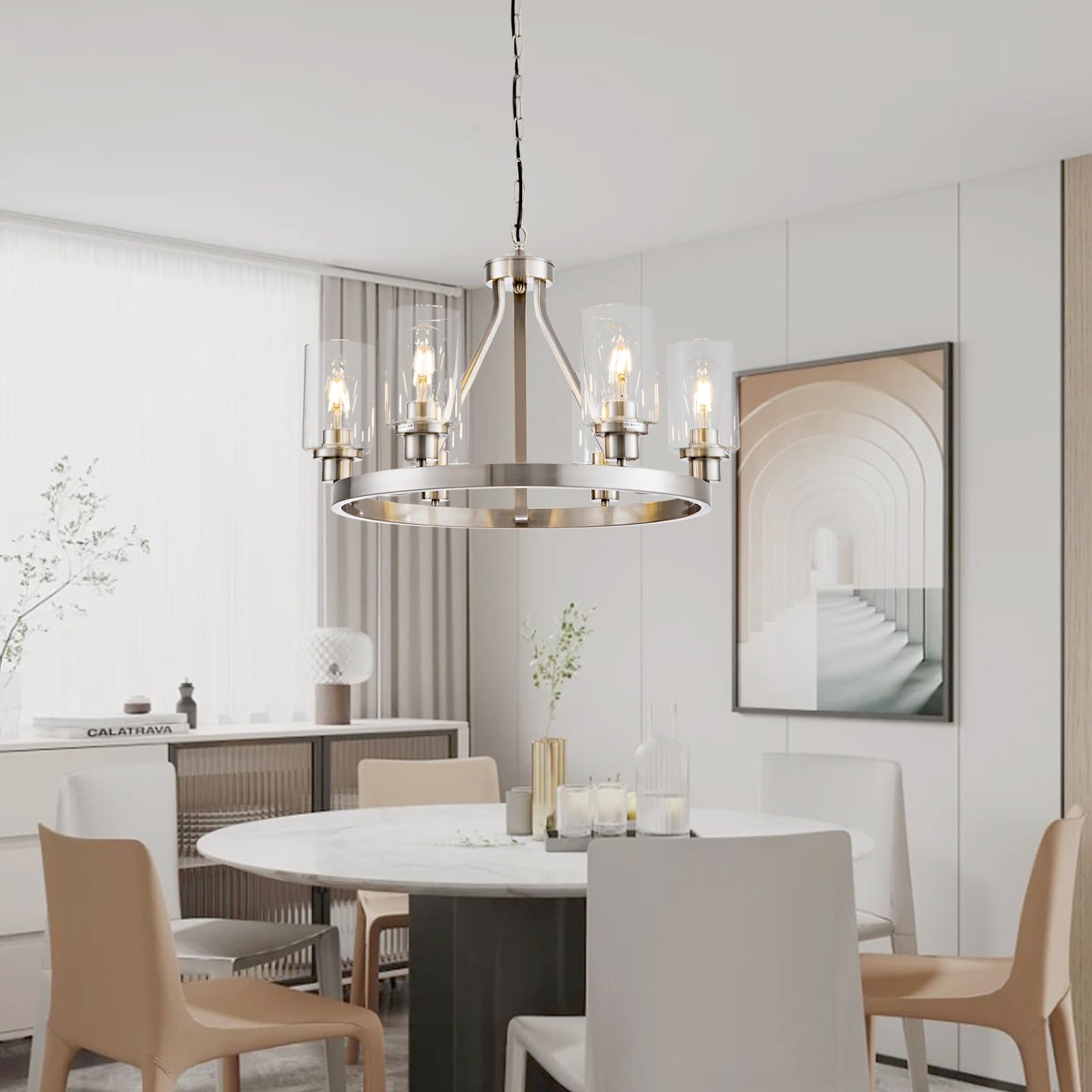 Lanhall 6-Light Modern Dining Room Light Fixture Brushed Nickel Kitchen Chandelier Ceiling Hanging Pendant Lighting with Glass Shade for Living Room Bedroom Entryway Adjustable Height Metal E26
