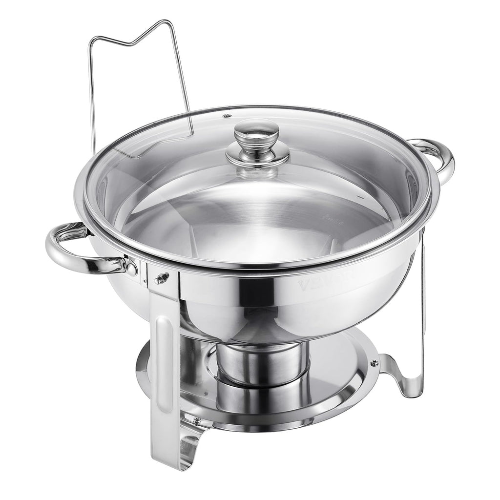 VEVOR Chafing Dish Buffet Set, 5 Qt 4 Pack, Stainless Steel Chafer with 4 Full Size Pan, Round Catering Warmer Server with Glass Lid Water Pan Folding Stand Fuel Holder, for Wedding Banquet, Gold