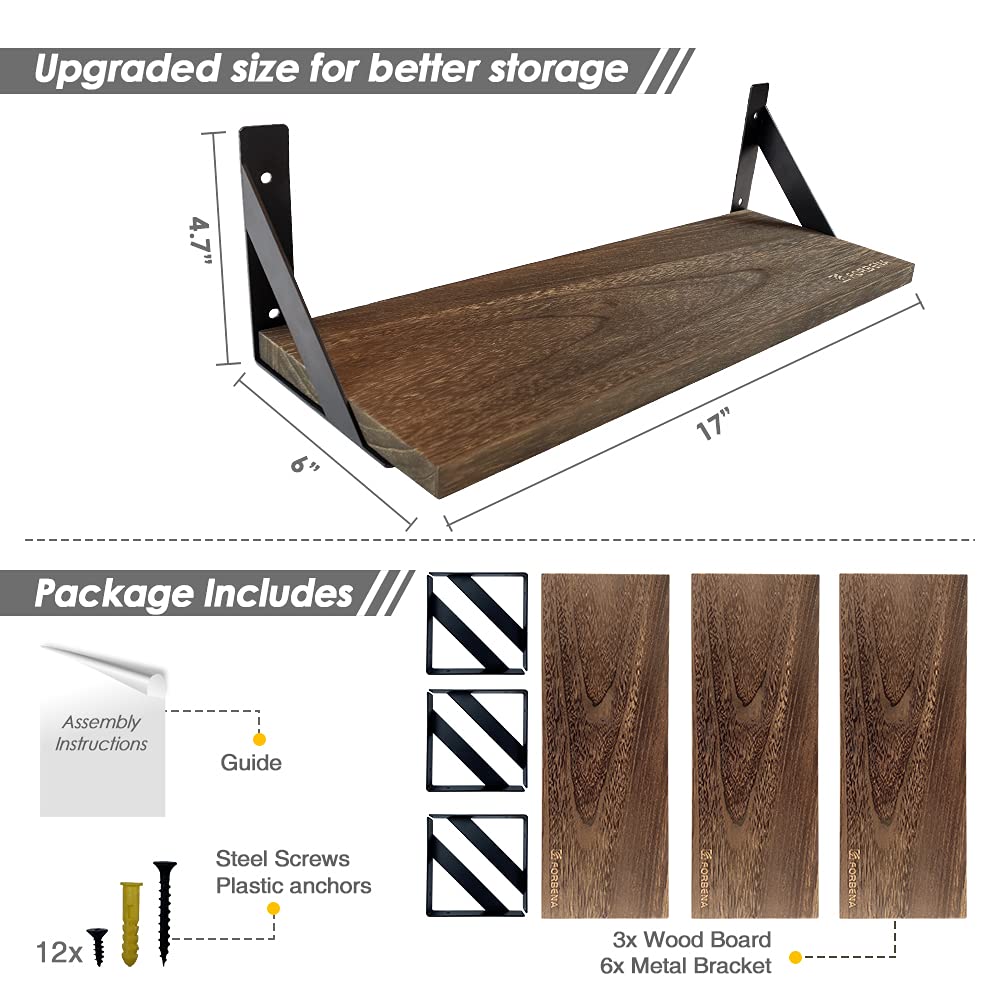 Forbena 12 Inch Deep Floating Shelves for Wall, Wide Black Wall Mounted Shelves for Bedroom Office Books Plants, Large Hanging Shelf for Living Room Bathroom Kitchen Closet Pantry Storage (3-Pack)
