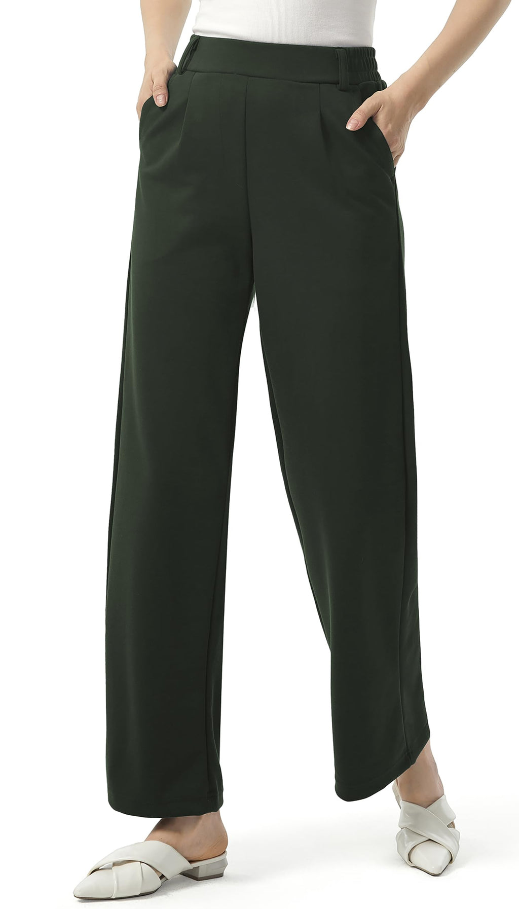 AFITNE Womens Wide Leg Work Pants High Waist Pull On Dress Pants Elastic Waistband Casual Slacks with Thick Fabric
