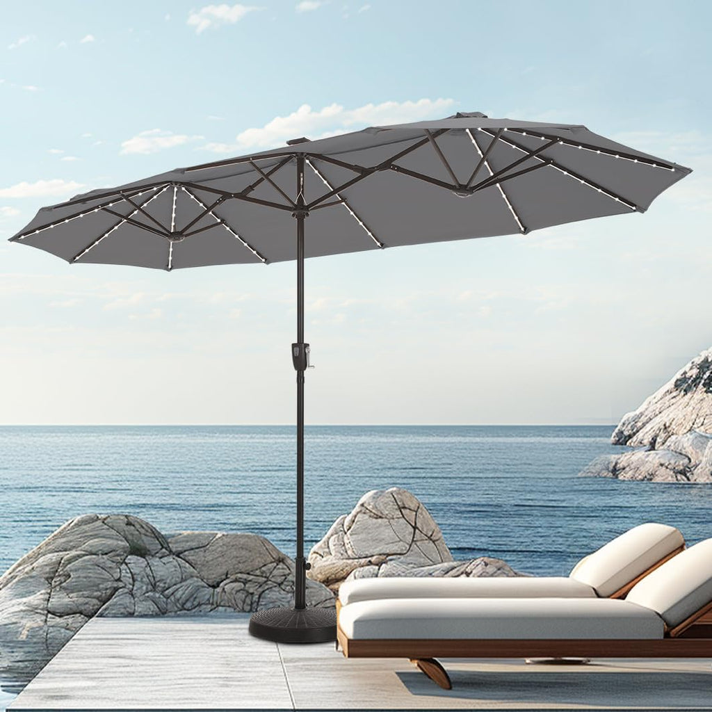 PHI VILLA 13ft Patio Umbrella with Solar-Powered 120 PCS LED Color-Changing Lights, Triple-Head Large Rectangle Umbrella Outdoor Patio for Table with Crank Lift,Beige(No Base)