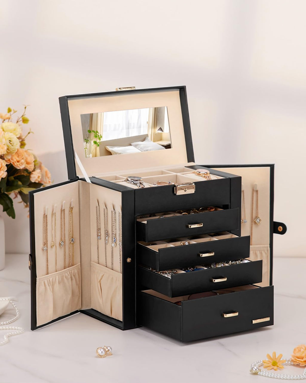 Homde Mothers Day Gifts Synthetic Leather Huge Jewelry Box Mirrored Watch Organizer Necklace Ring Earring Storage Lockable Gift Case (Black + Gold)
