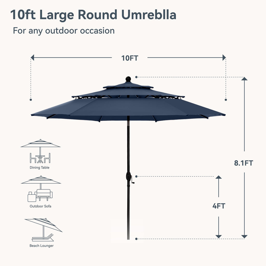 PHI VILLA 10ft Patio Umbrellas, Outdoor 3 Tier Vented Large Market Table Umbrella with 8 Sturdy Ribs and 1.5" Umbrellla Pole for Lawn Poolside Garden Terrace, Beige(No Base)