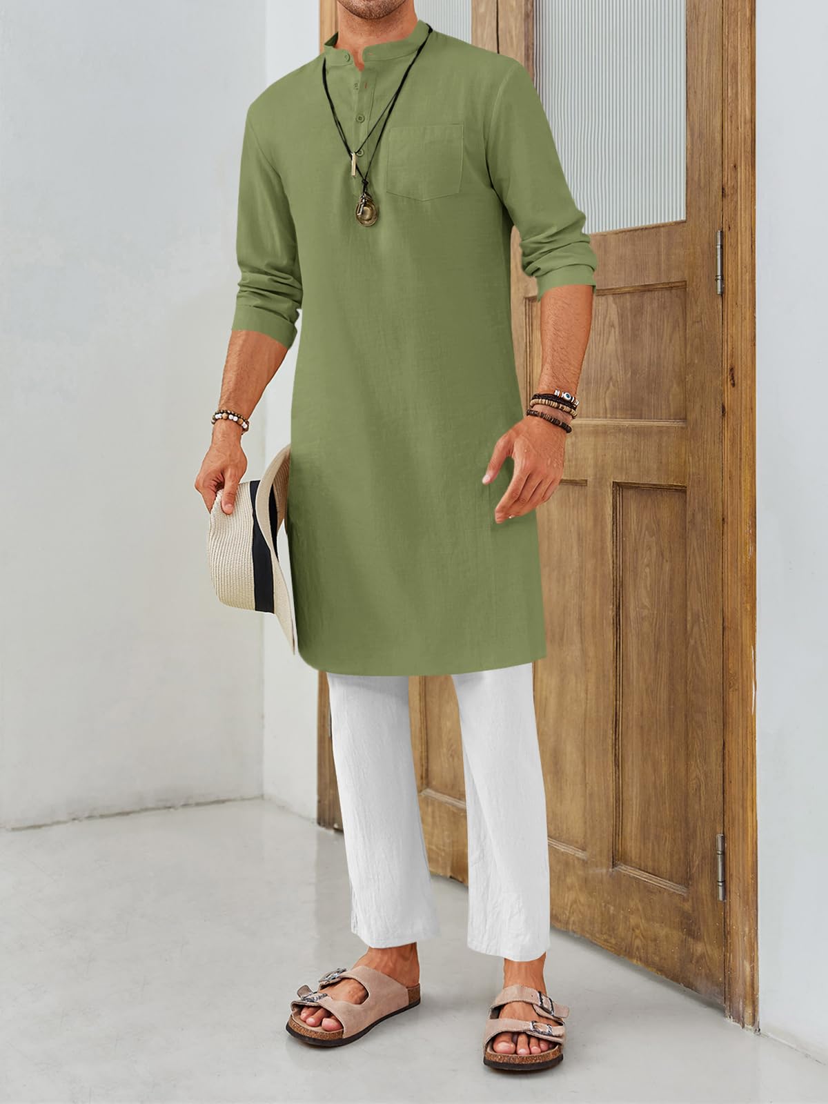 Gafeng Mens Kaftan Robe Button Down Long Sleeve Henley Cotton Thobe Casual Side Split Gown Shirt