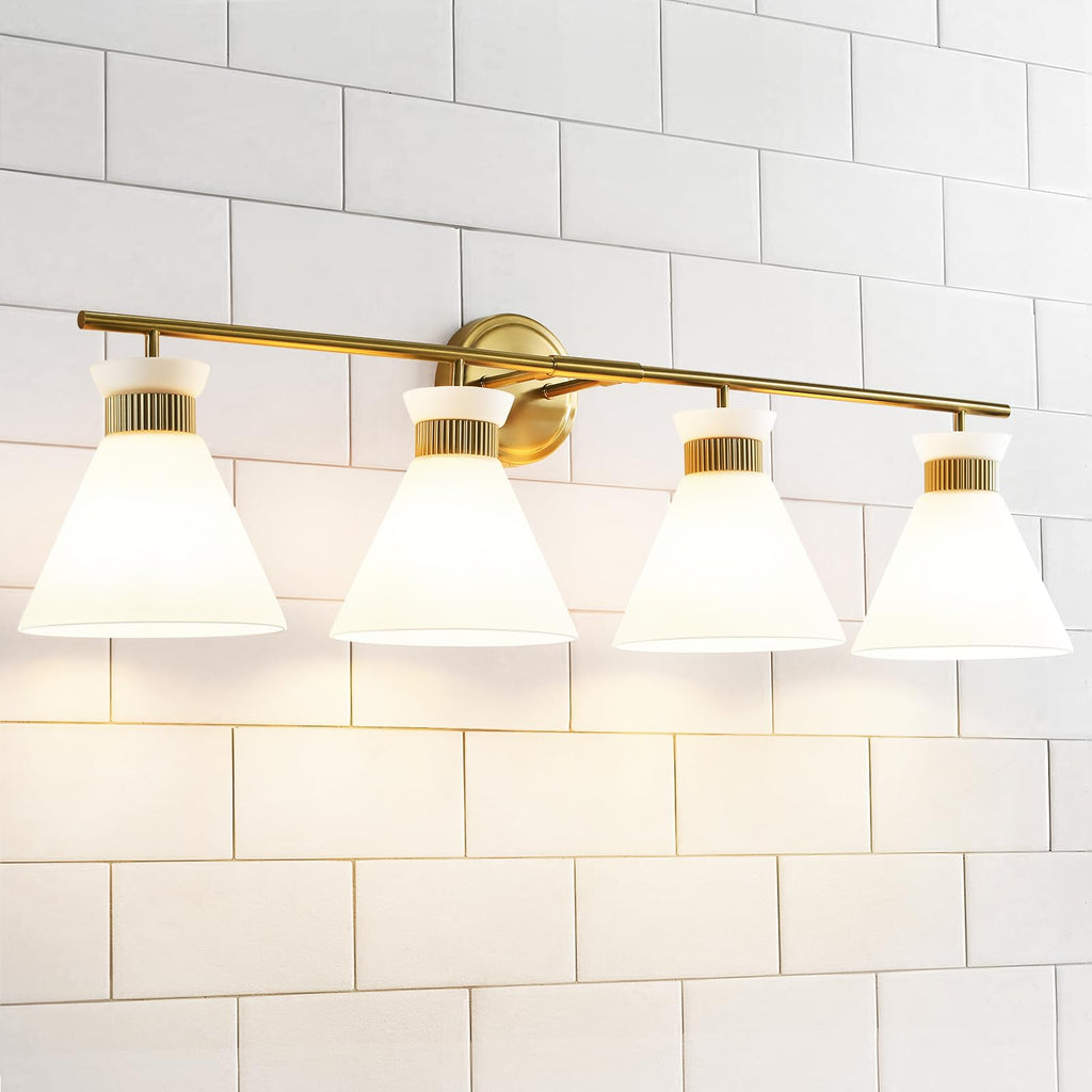 WOSHITU Gold Bathroom Light Fixtures: Modern Vanity Lighting Fixtures 2 Lights for Bathroom Mid Century Vanity Light Sconces Over Mirror with Frosted Milky Glass for Bath Bedroom Makeup