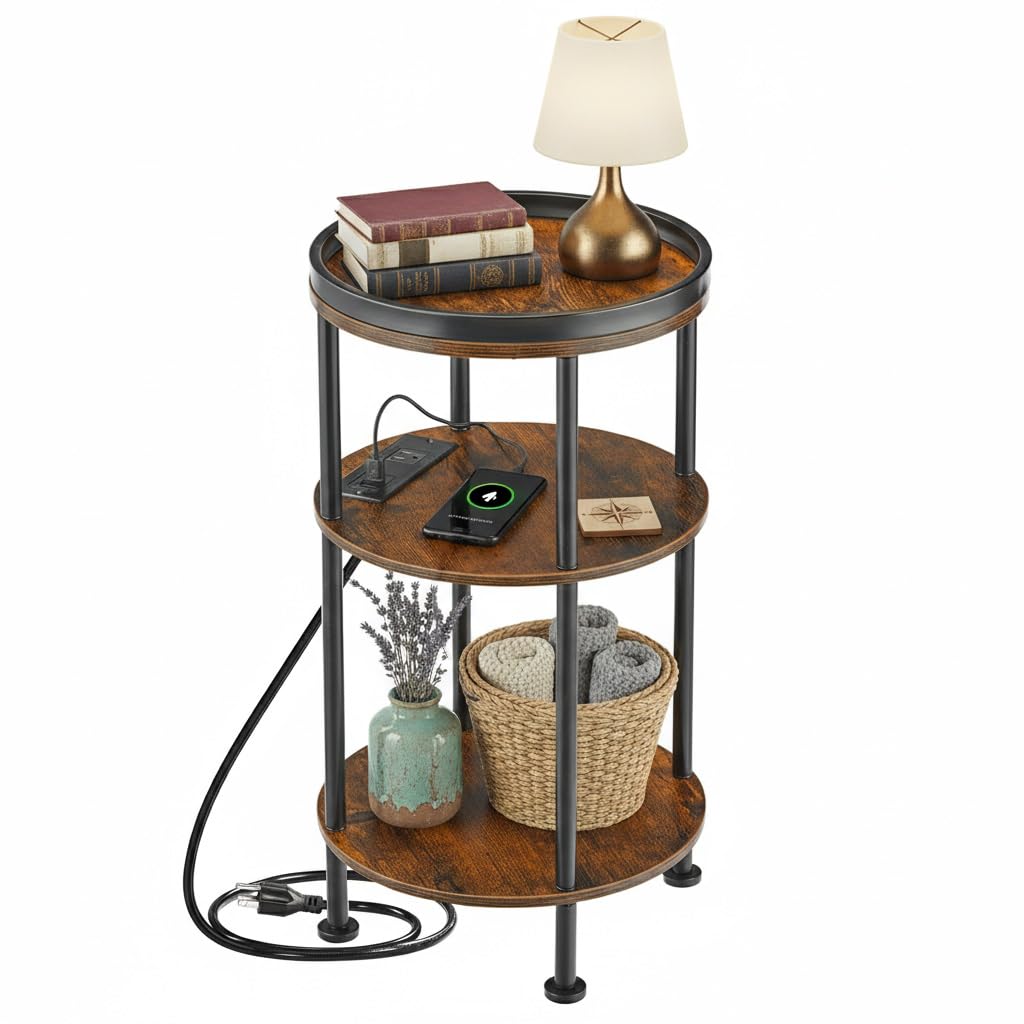 Small Round Side Table with Charging Station for Small Spaces, 3-Tier Accent Table with USB Ports & Power Outlets, Sofa Corner Tea Table for Living Room Nightstand Bedroom Apartment (Black)