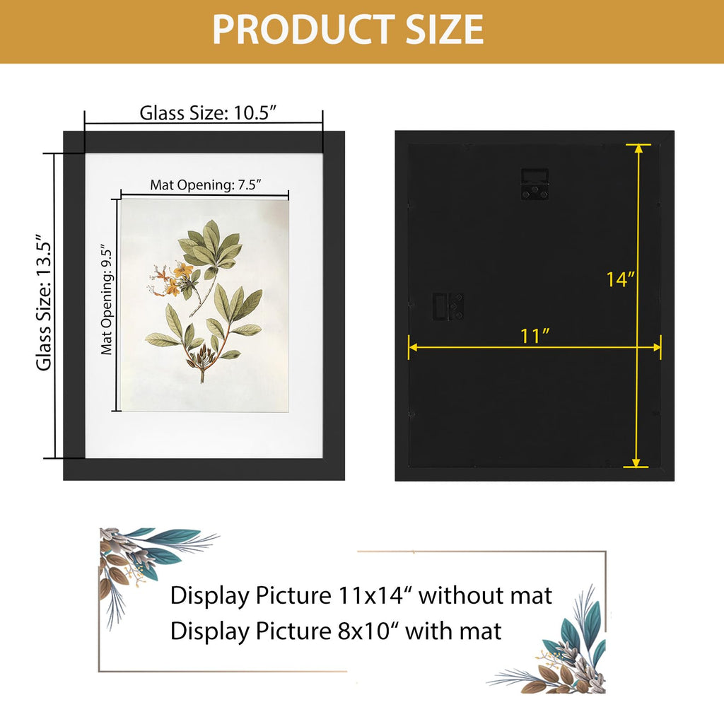 Califortree Black 11x14 Picture Frame - Display Photos 8x10 with Mat or 11x14 Without Mat - HD Glass Inside, Set of 2