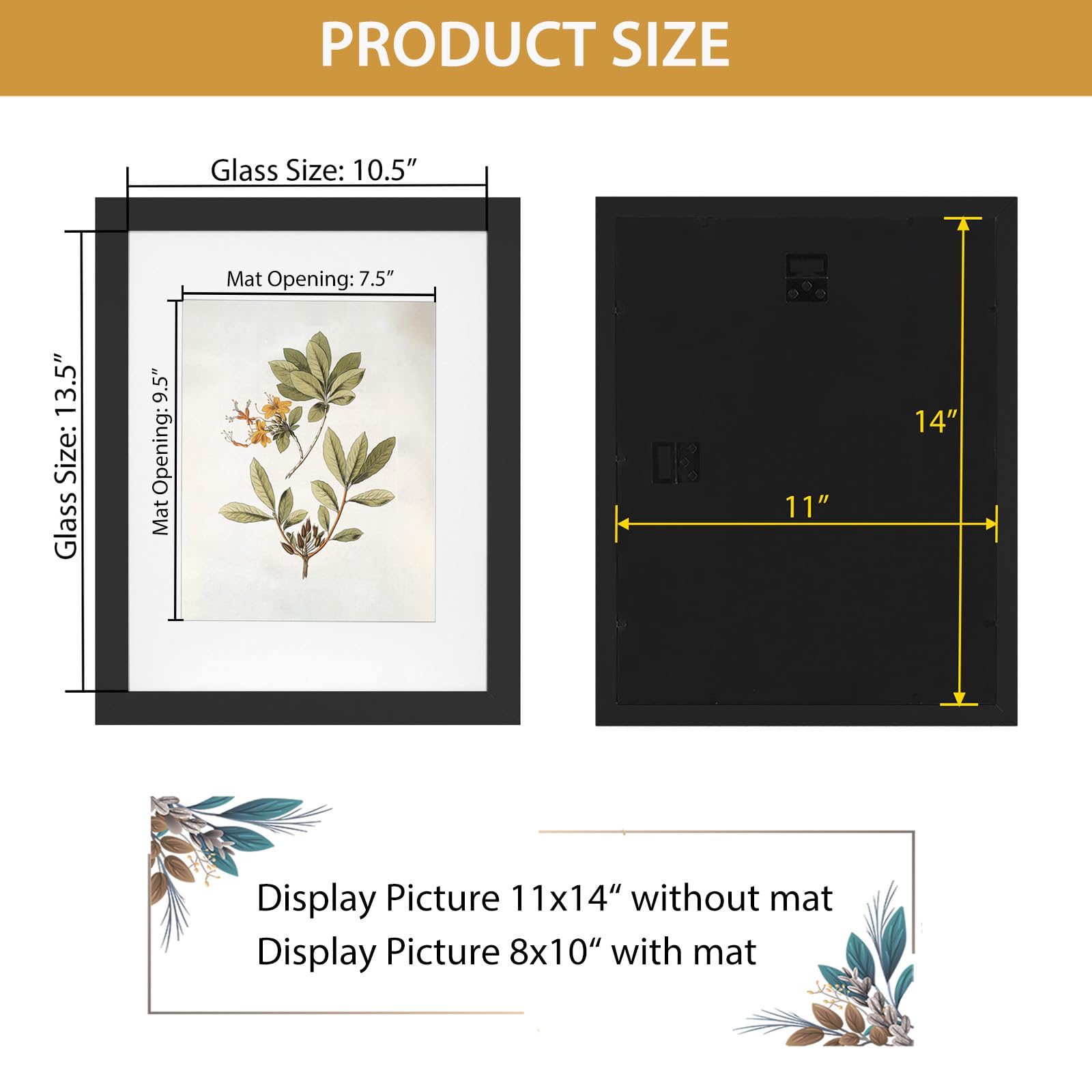 Califortree Black 11x14 Picture Frame - Display Photos 8x10 with Mat or 11x14 Without Mat - HD Glass Inside, Set of 2