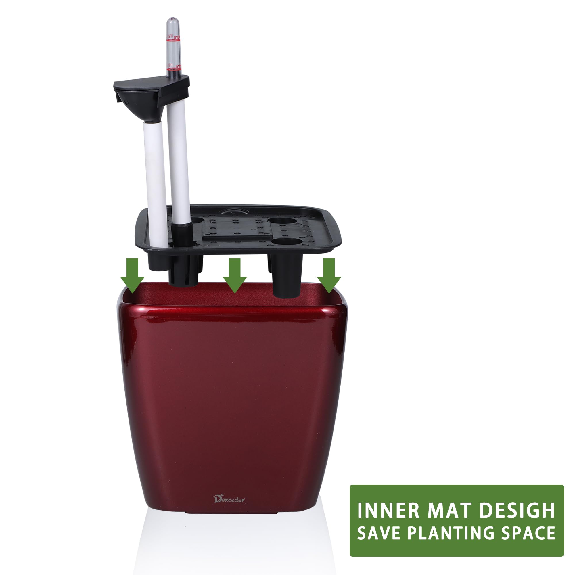 Dexceder 9x8 Self Watering Planter (Black High Gloss) | Inner Mat Design, Thickened Table Flower Plant Pot with Water Level Indicator Indoor Outdoor