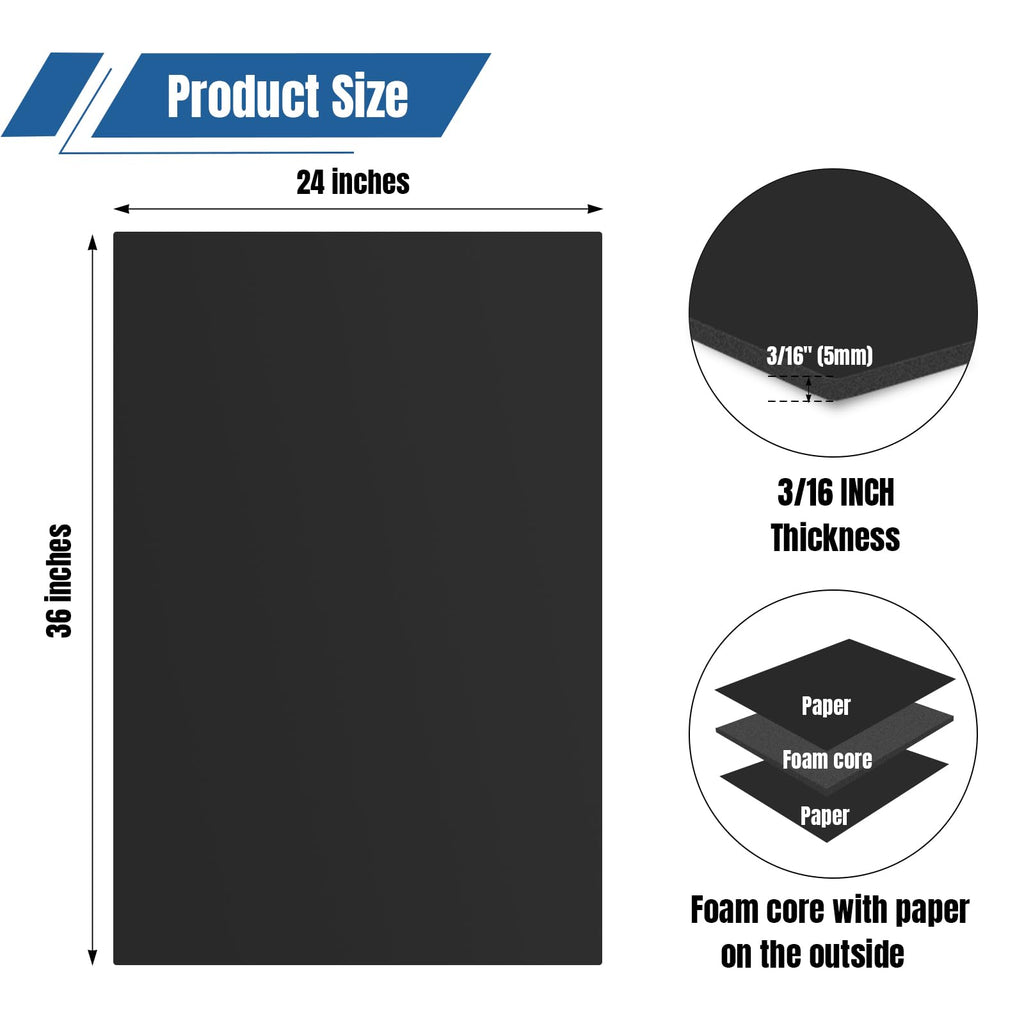12 Pack Black Foam Board 24"x36", 3/16" Thick Foam Core Board for Projects, Black Poster Board for Painting, Displaying, and Craft Projects
