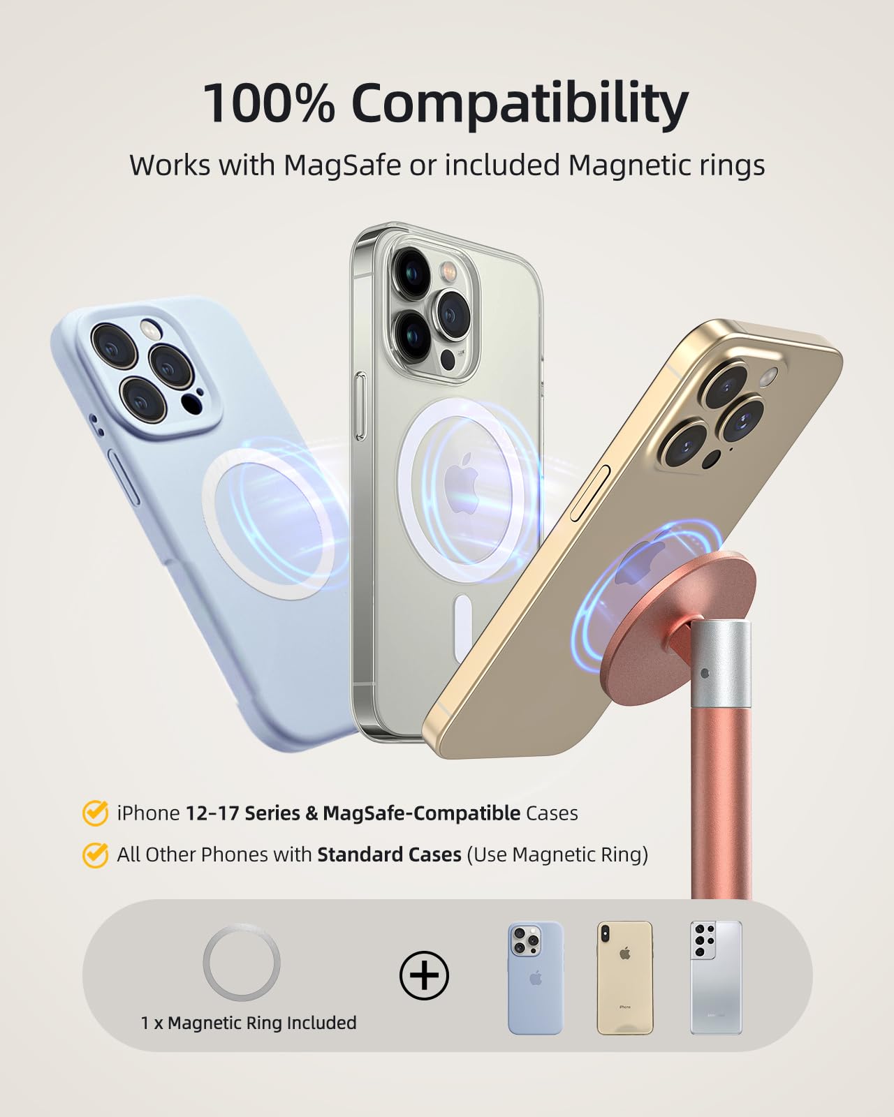 Nulaxy Magnetic Full Aluminum Cell Phone Stand for MagSafe with Metal Ring, 360 Rotating Phone Stand for Desk, Office Desk Accessories, Adjustable Phone Holder Compatible with All Phones, Gray