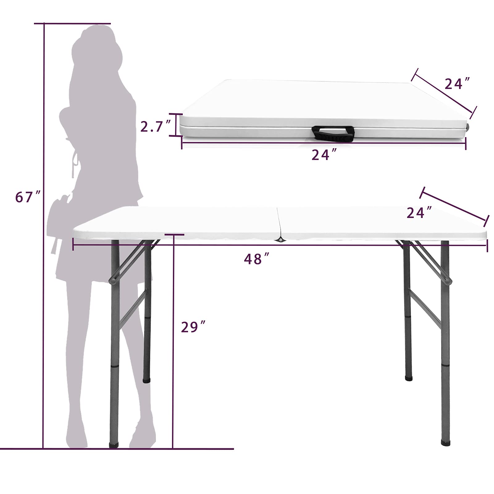 Gocamptoo Folding Table,4ft Indoor Outdoor Heavy Duty Portable Folding Square Plastic Dining Table w/Handle (Balck)