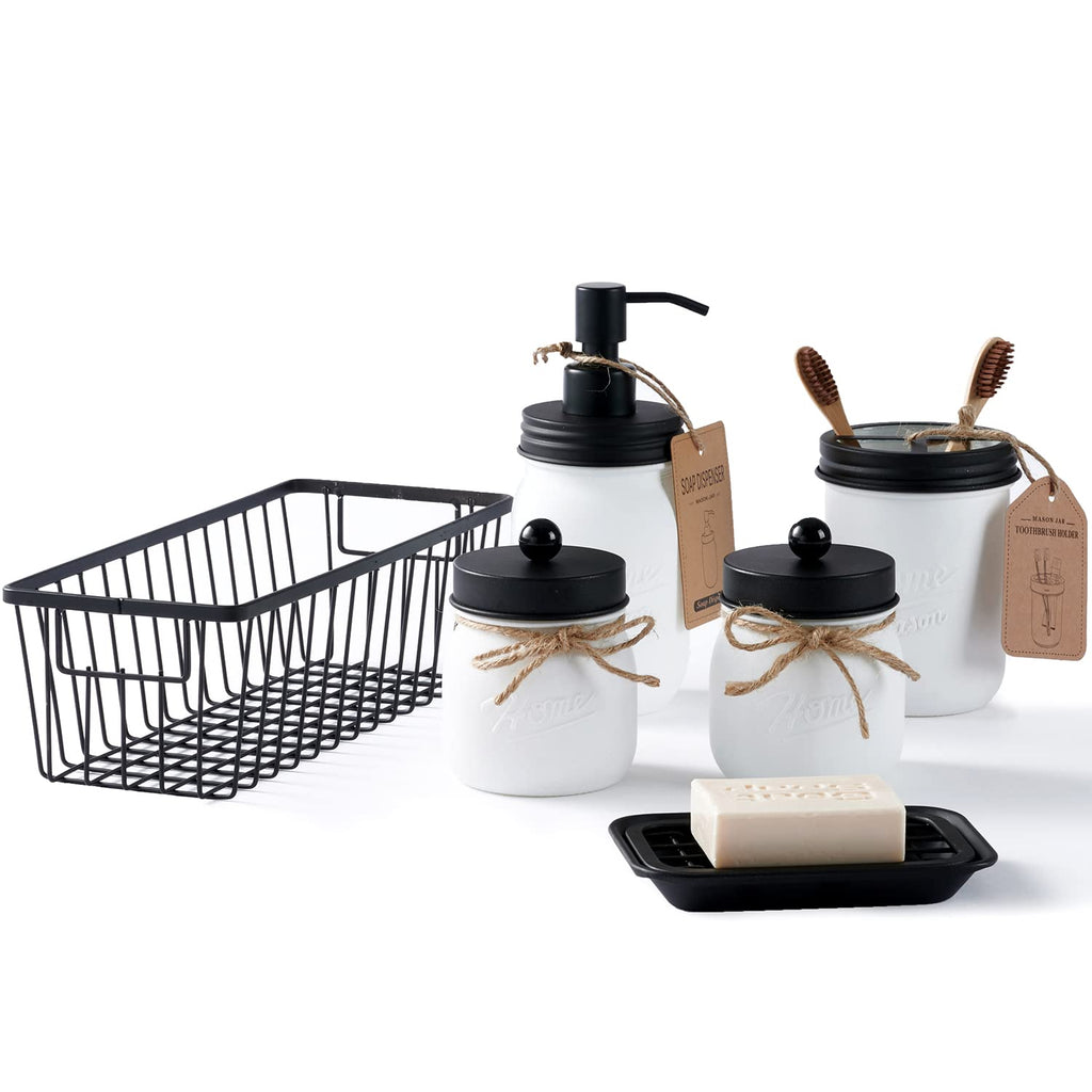SheeChung 6Pcs Mason Jars Bathroom Accessories Set Complete - Toothbrush Holder, Lotion Soap Dispenser, 2 Mason Jars, Soap Dish, Toilet Paper Basket, Rustic Farmhouse Decor (Black, 6Pcs Bathroom Set)