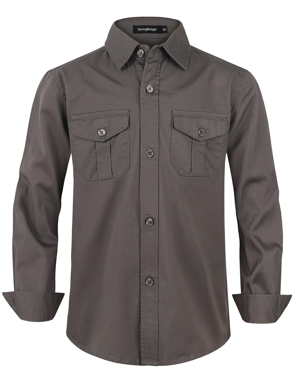 Spring&Gege Boys' Long Sleeve Button Down Shirt for Kids Woven Solid Two Pockets