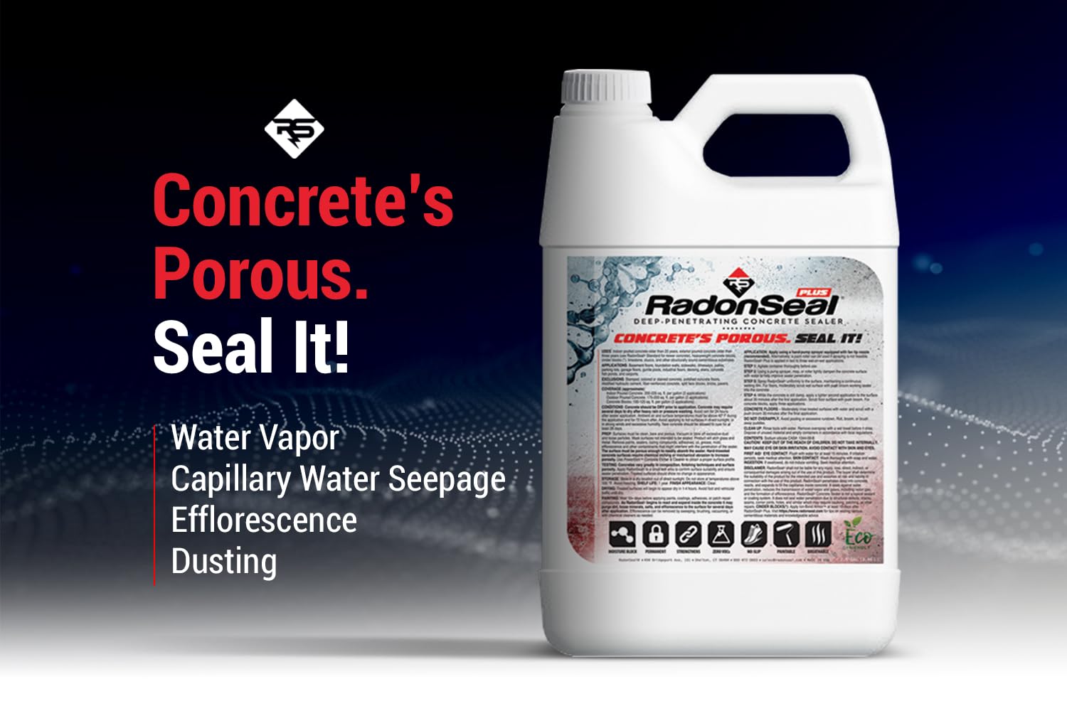 RadonSeal Plus Concrete Sealer – Deep Penetrating Waterproofing for Basement Floors, Foundation Walls & Concrete Block – Reduces Moisture & Strengthens Concrete (5 Gallon)