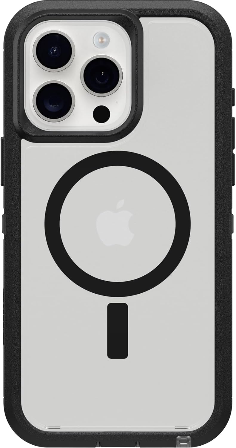 OtterBox iPhone 15 Pro MAX (Only) Defender Series XT Clear Case - Dark Side (Black/Clear), screenless, Rugged, Snaps to MagSafe, Lanyard Attachment