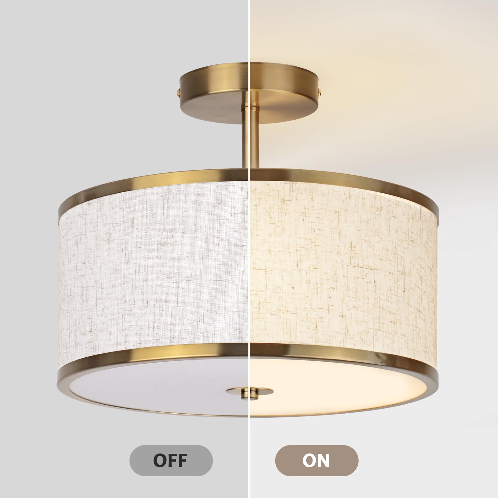 CALOKES Semi Flush Mount Ceiling Light, 11.8" Modern 3-Light Fixture with Petal-Shaped Cream White Fabric Shade and Golden Support Arm, Ideal for Bedroom, Kitchen, Living Room, Hallway, and Entryway