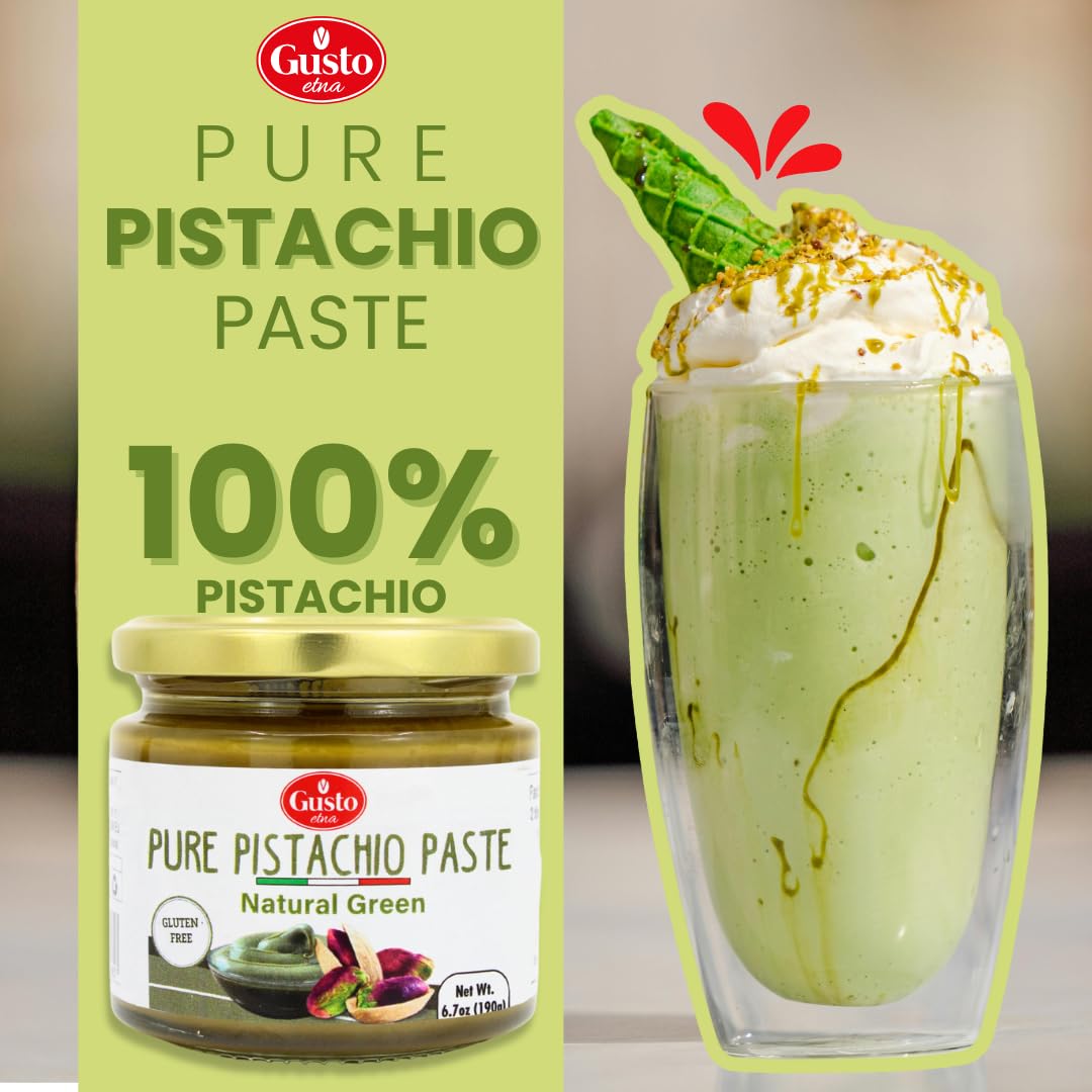 GUSTO ETNA Pure Sicilian Pistachio Paste 100% Pistachios, Unsweetend 6.7 oz | No Added Sugar or Artificial Colors, Butter Spread for Keto, Gelato, Fillings, with Natural Green Color, Product of Italy.