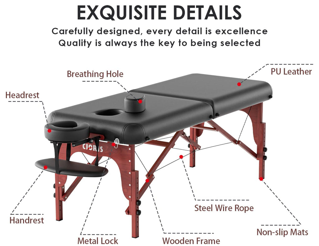 CLORIS 84" Professional Massage Table Portable Reinforced Wooden Leg 2 Folding Lightweight Spa Salon Tattoo Massage Bed Height Adjustable Hold Up to 1100LBS with Carrying Bag Black