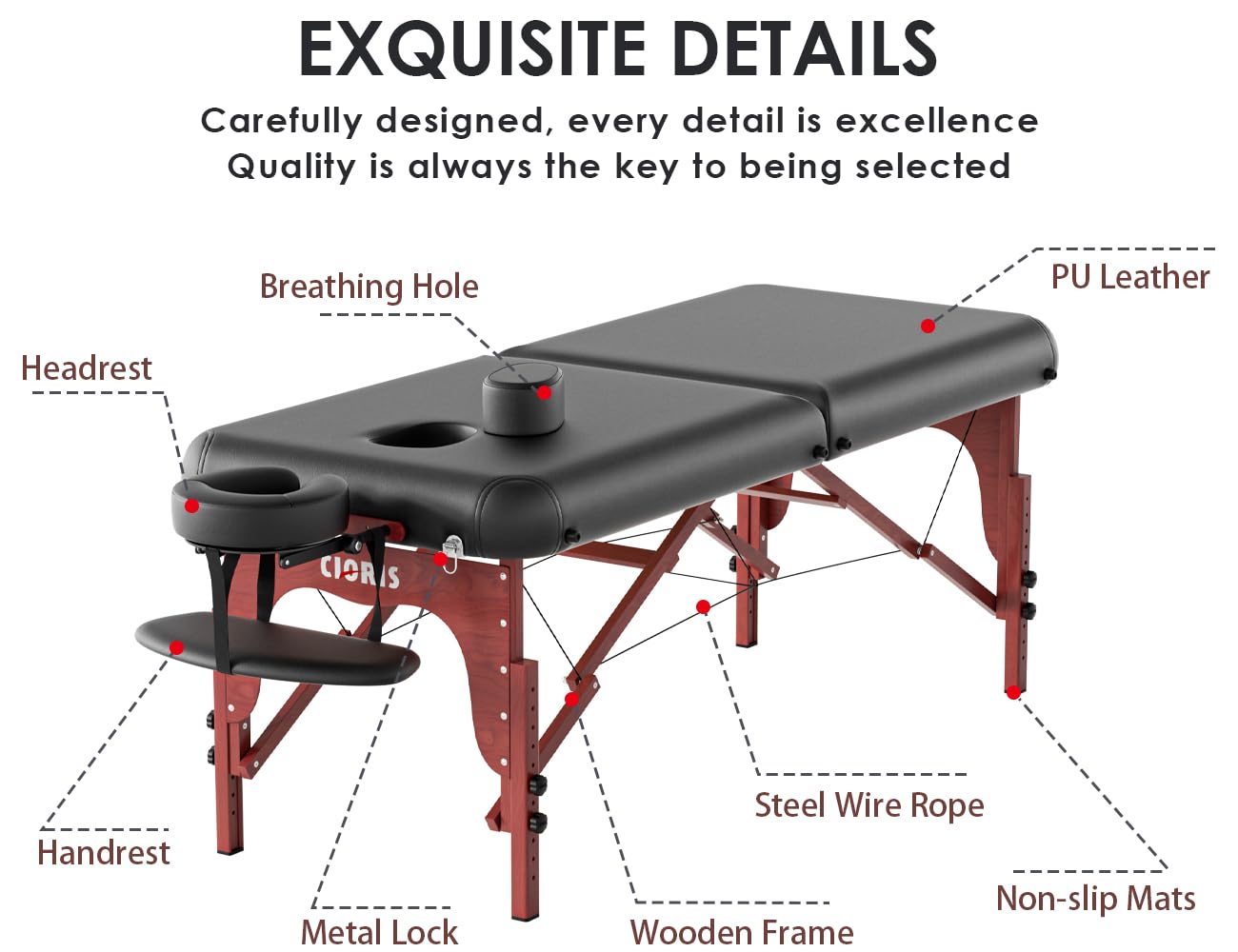 CLORIS 84" Professional Massage Table Portable Reinforced Wooden Leg 2 Folding Lightweight Spa Salon Tattoo Massage Bed Height Adjustable Hold Up to 1100LBS with Carrying Bag Black