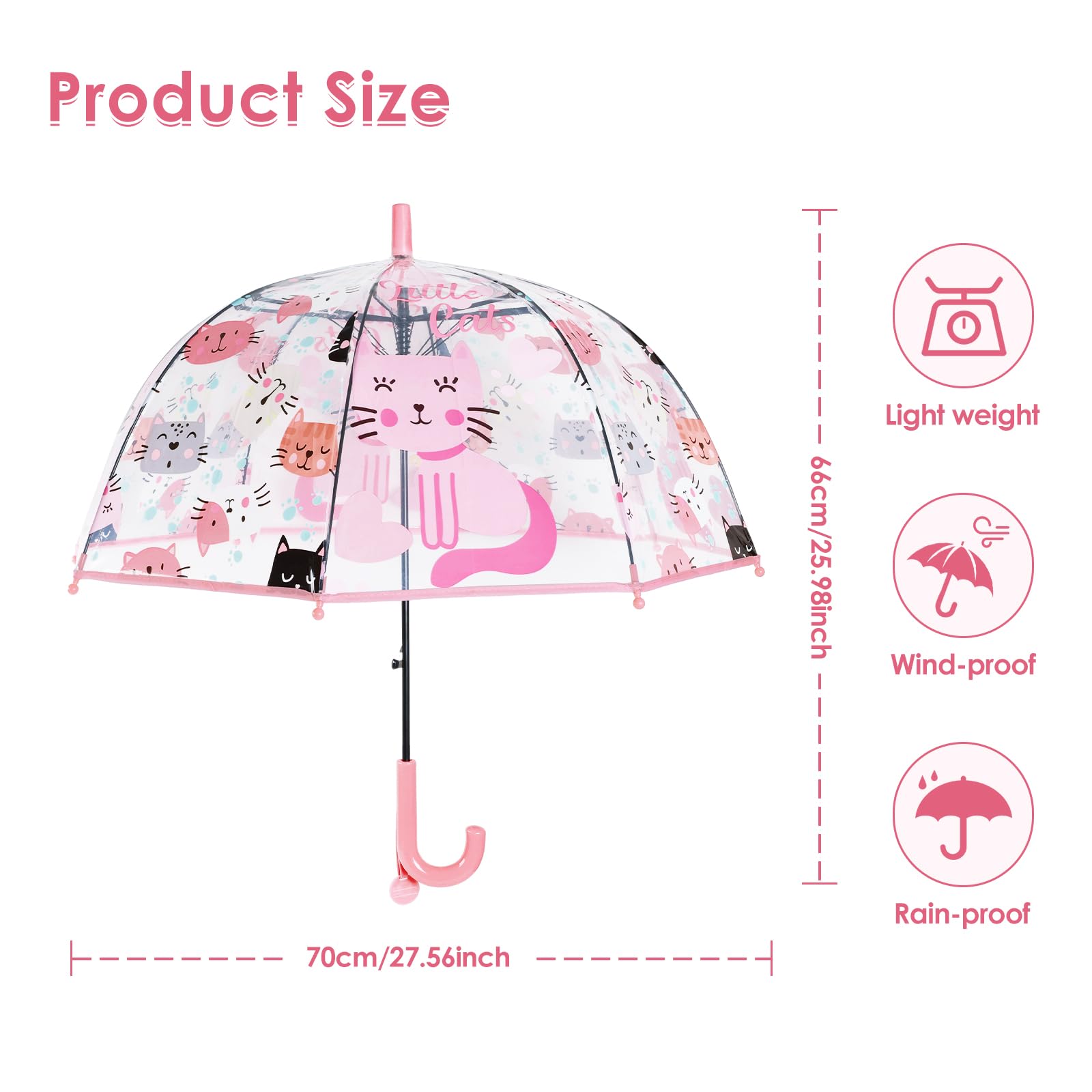 decalsweet Kids Umbrella Clear Bubble Umbrellas for Rain,Transparent Dome Safety Windproof Umbrella with Easy-Grip Hook Handle for Toddler Girls and Boys