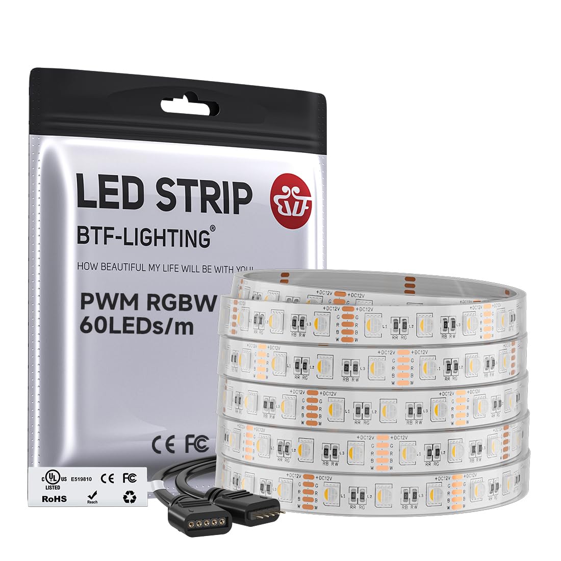 BTF-LIGHTING RGBW LED Strip Lights,UL Listed,5050 4 Colors in 1 RGB + 2700K-3000K Warm White,12V DC,16.4ft/5m 60LEDs/m 12mm White PCB, IP30 for Home Decoration(No Adapter or Controller)