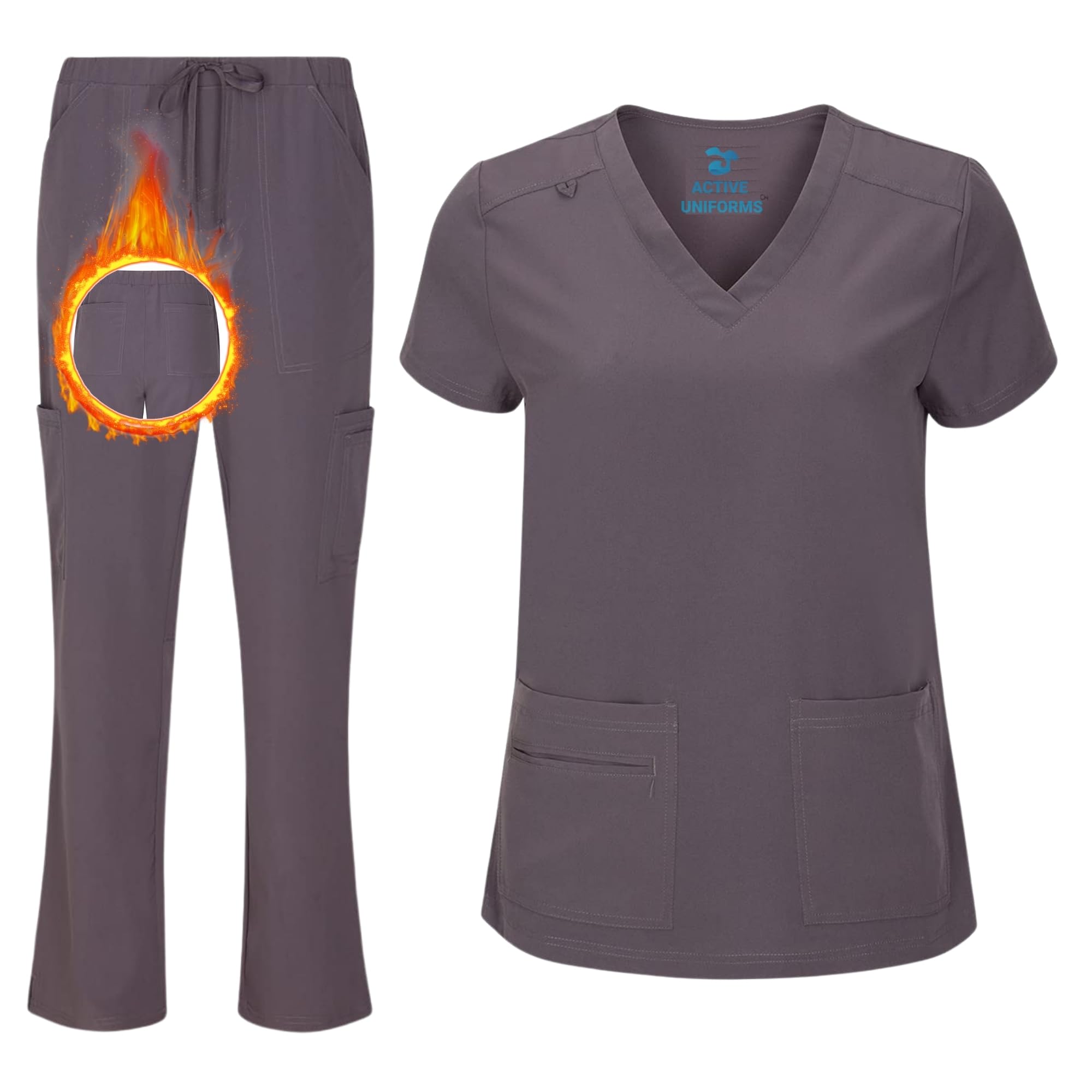 Women's Cool Stretch V-Neck Top and Cargo Pant Scrub Set with Regular and Petite Sizes