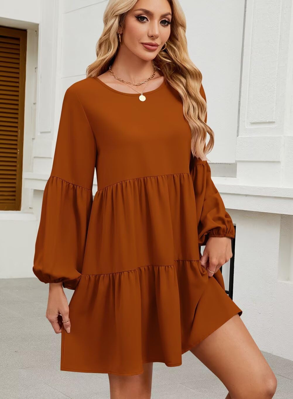 QACOHU Falll Dresses for Women 2026 Crew Neck Long Lantern Sleeve Casual Loose Flowy Swing Shift Dress