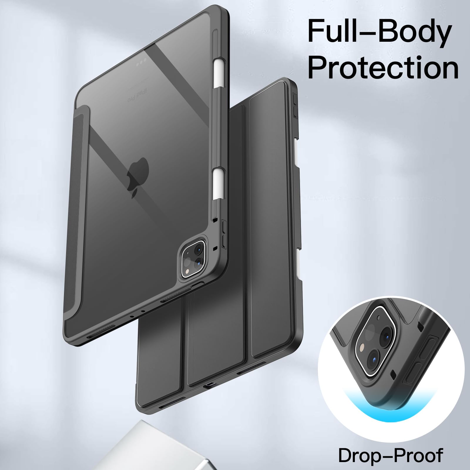 JETech Case ONLY for iPad Pro 11 Inch (2022/2021/2020/2018) with Pencil Holder, Clear Transparent Back Shell Slim Stand Shockproof Tablet Cover, Auto Wake/Sleep (Black)