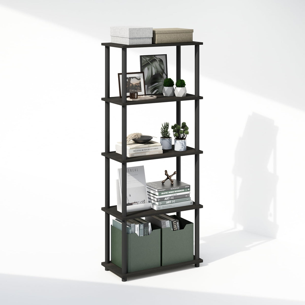 Furinno Turn-N-Tube Book Shelf, 4-Tier Bookshelf, Bookcase with Multipurpose Compact Display Rack, 11.6 x 23.6 x 43.2, for Living Room, Bedroom, Home Office, Americano/Black