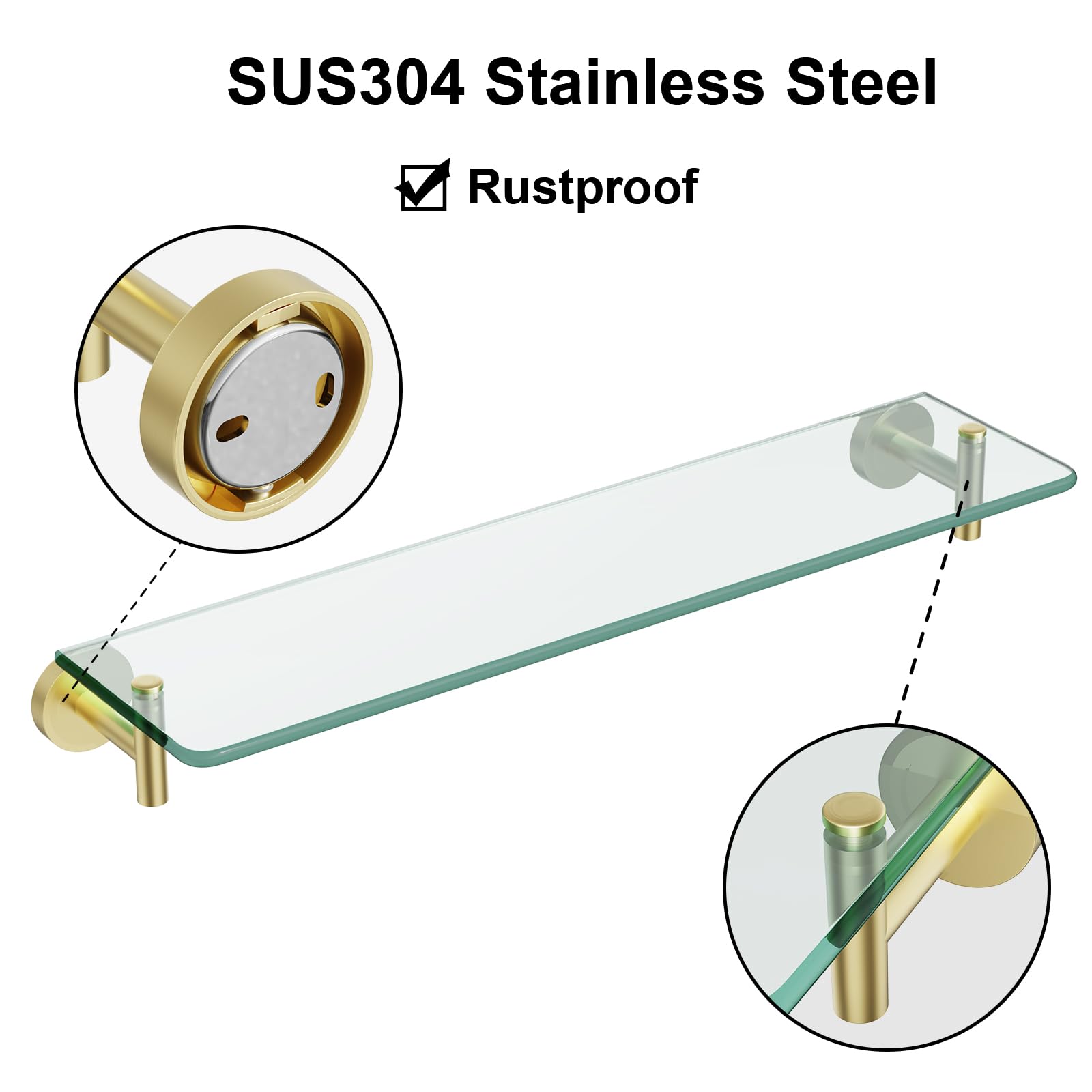 Glass Bathroom Shelves,Brushed Gold Floating Shelves for Wall Rectangular Modern Stainless Steel Glass Shelf for Bathroom Shelves wall Mounted 16 Inch