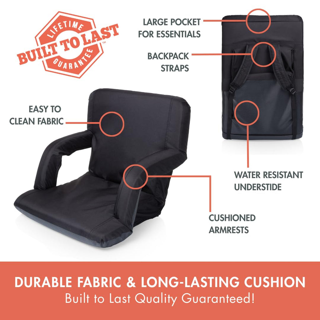 PICNIC TIME Ventura Portable Reclining Stadium Seat with Back Support, Folding Bleacher Chairs with Back and Cushion, Thick Padded Stadium Seat, Armrest, and Six Backrest Positions, (Black, Standard)