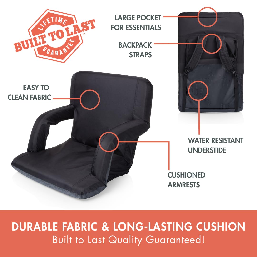 PICNIC TIME Ventura Portable Reclining Stadium Seat with Back Support, Folding Bleacher Chairs with Back and Cushion, Thick Padded Stadium Seat, Armrest, and Six Backrest Positions, (Black, Standard)