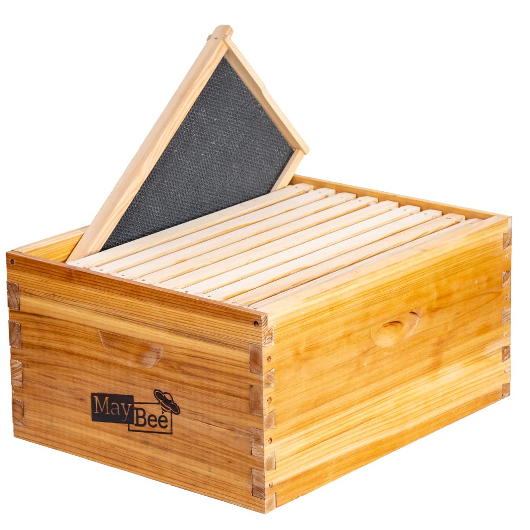 8-Frame Beehive Box Langstroth Deep Brood Box Dipped in 100% Beeswax Includes Wooden Frames & Waxed Foundations (Unassembled)