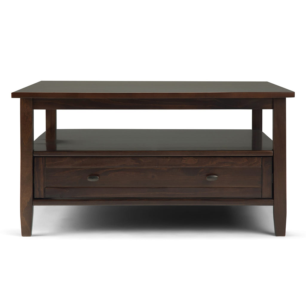 SIMPLIHOME Warm Shaker Coffee Table - 48 inch Wide Solid Wood Coffee Table in Black, Transitional Living Room Table with 2 Drawers, Open Shelf, Shaker Fronts and Tapered Legs