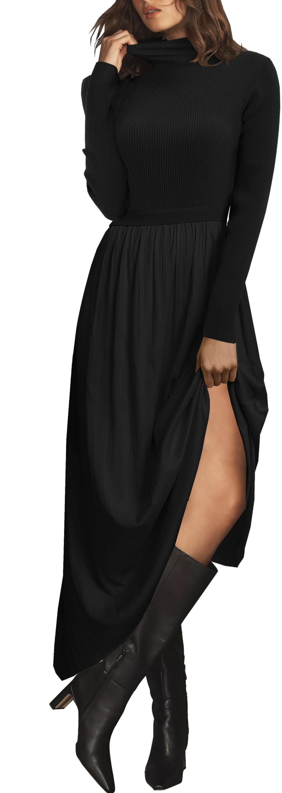 Womens Fall Mock Turtleneck Long Sleeve Ribbed Knit Pullover Tops Fashion Long Maxi Dress