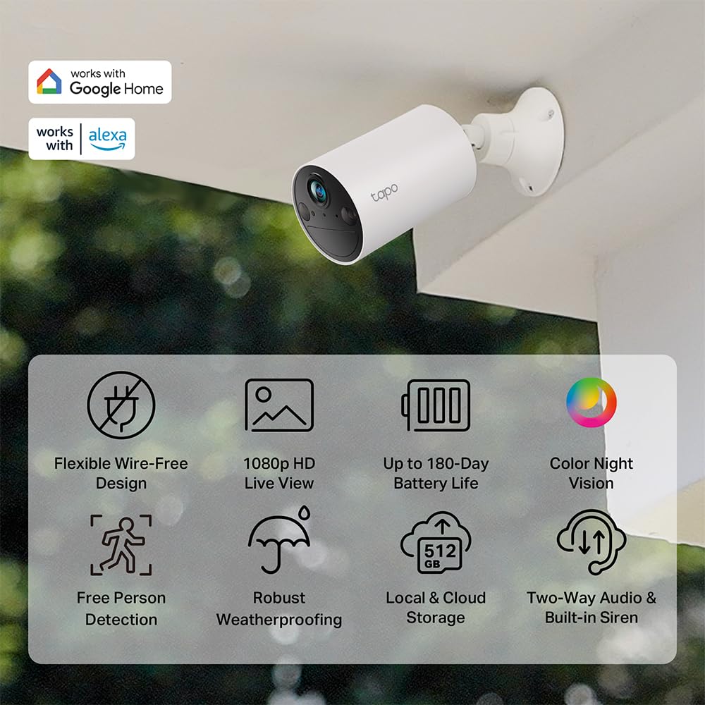 Tapo by TP-Link Wireless Outdoor Security Camera, 1080P, Up to 180 Days Battery Life, Free Person Detection, SD/Cloud Storage, Spotlight Color Night Vision, Alarm, No Hub Needed, Black, C403